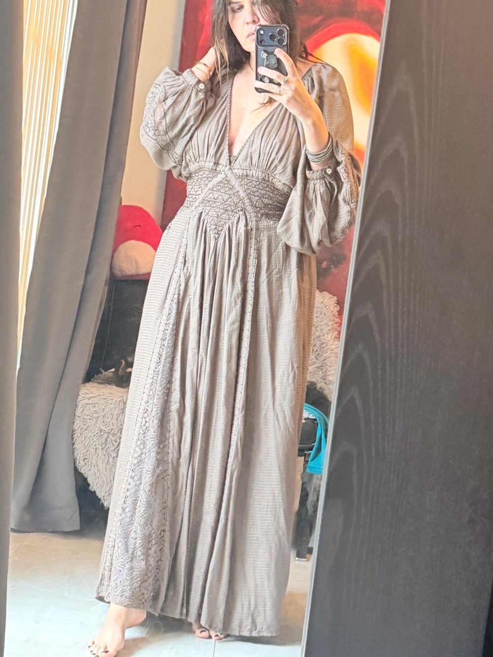 Free People SouthWest Lace Women’s Olive Boho Maxi Dress with Lace Insets - Picture 6 of 8